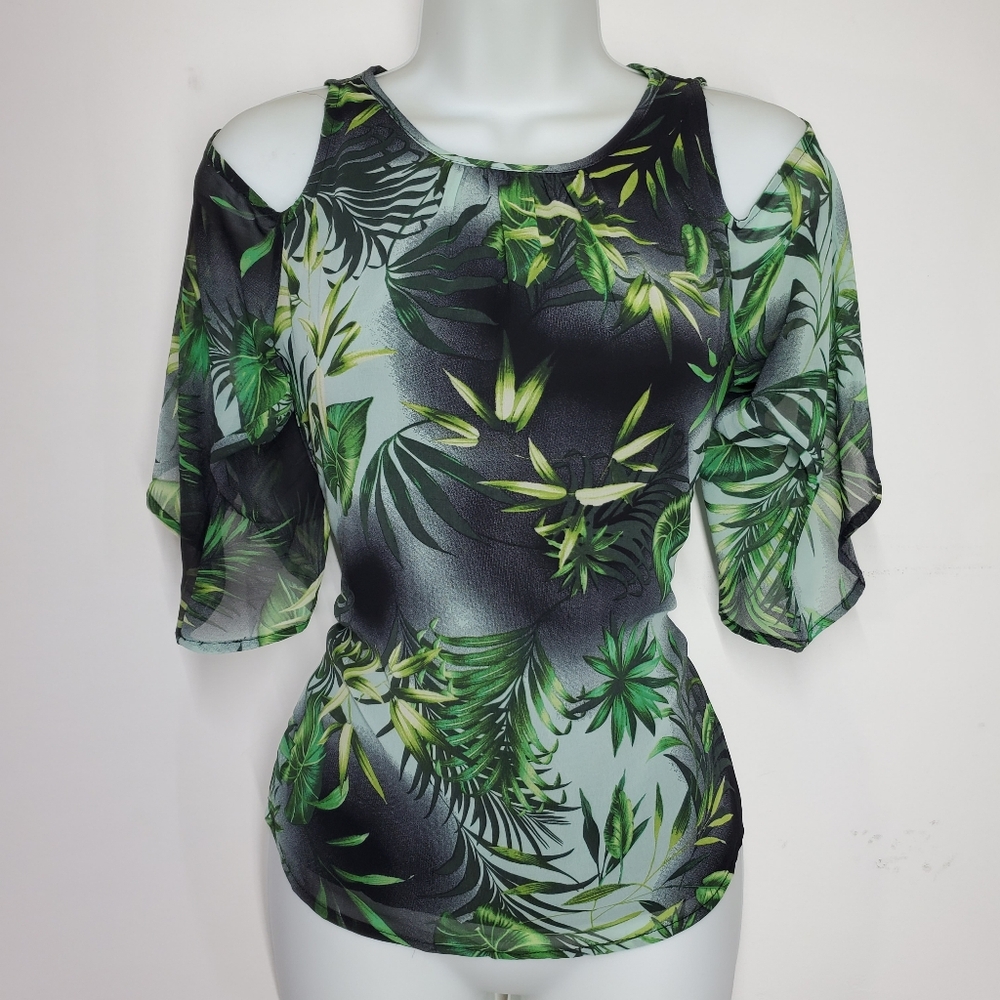 Vince Camuto Size XXS Blouse Floral Foliage Plants Black Green Cold Shoulder